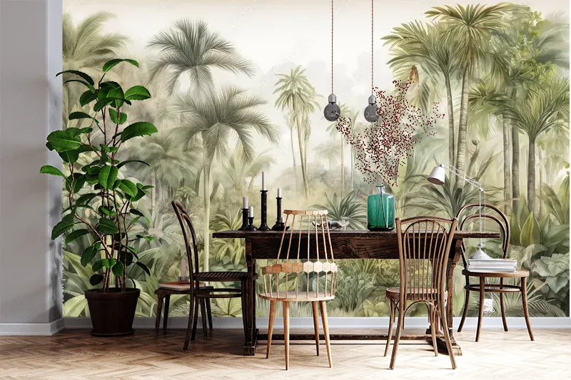 Tropical Plants & Palm Trees Wallpaper – Watercolour Texture Background